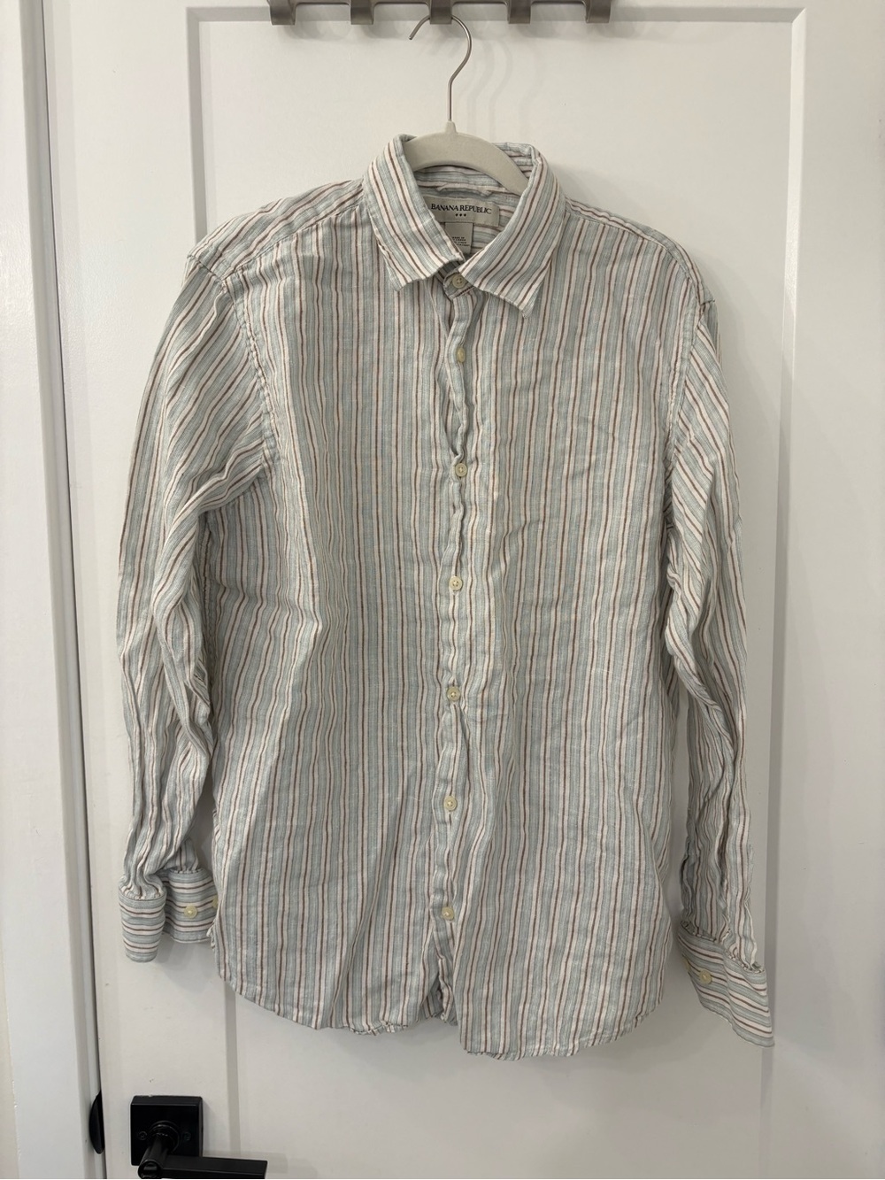 Banana Republic Men's 100% Linen Shirt - White w/ Blue & Tan Stripes Size Medium
